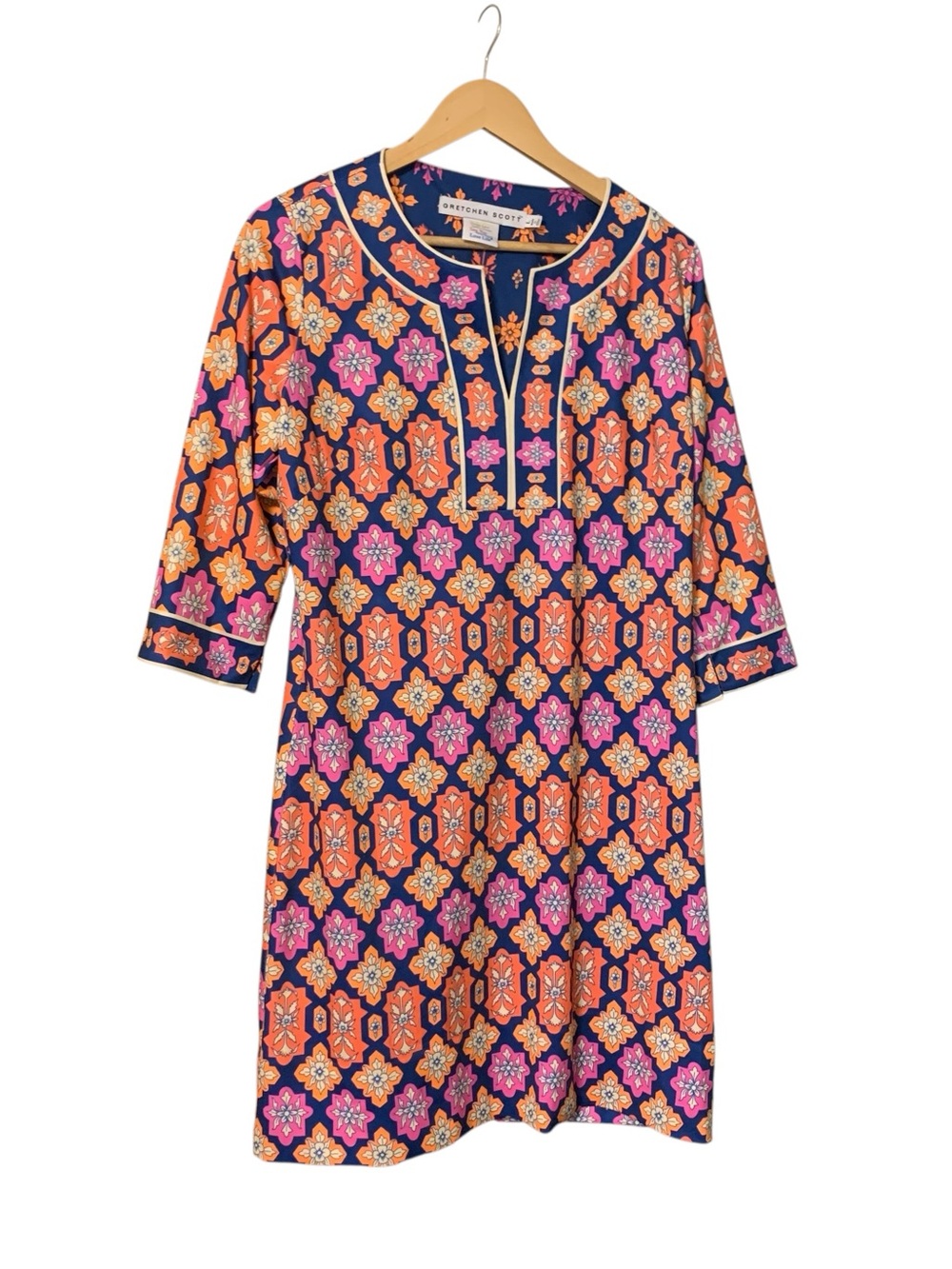Gretchen Scott Stretch Jersey Dress L Bold Colorful Geometric  3/4 Sleeve Split